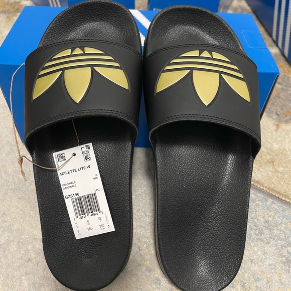 NIB Men Sz 8/Women Sz 9 (Euro Sz 42) Adidas Adilette Lite Slides In Black/Gold - Picture 9 of 13
